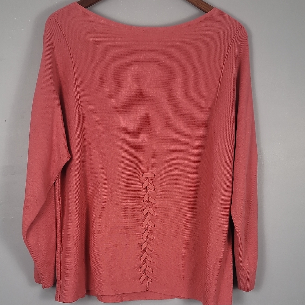 J. Jill Scoop Boat Neck Relaxed Peach Orange 3/4 Sleeve Ribbed Sweater - Picture 6 of 7